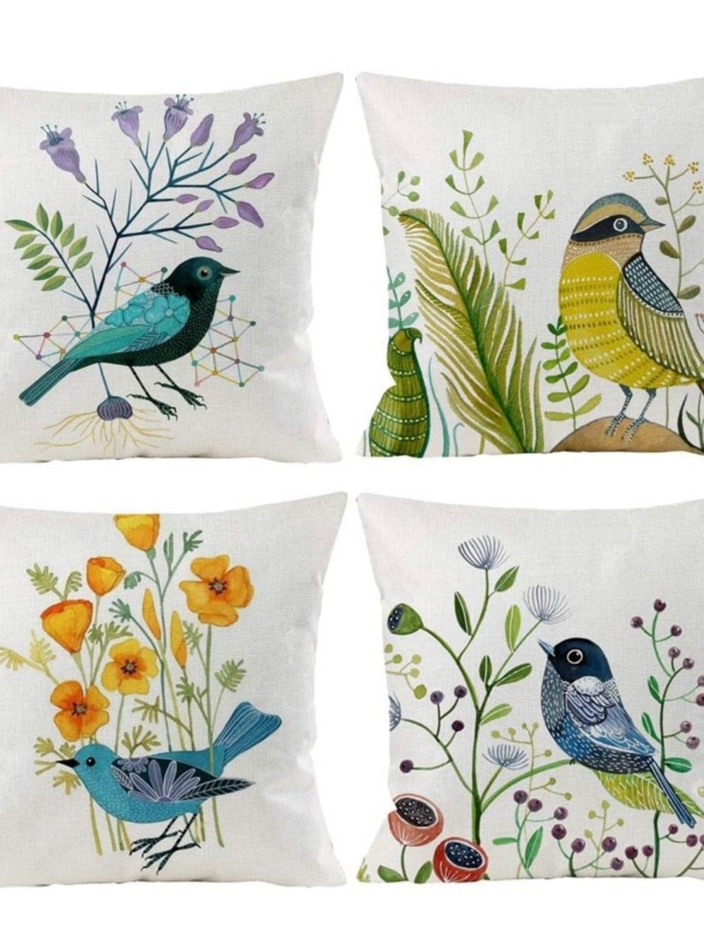 Botanical Birds Throw Pillow Cover Set - White and Multicolor